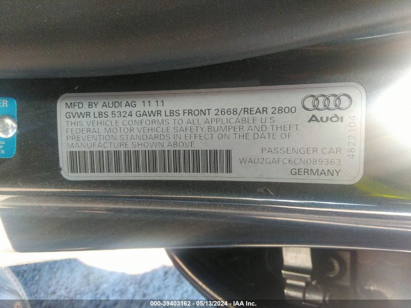 2012 Audi A7 Premium VIN: WAU2GAFC6CN089363 Lot: 39403162