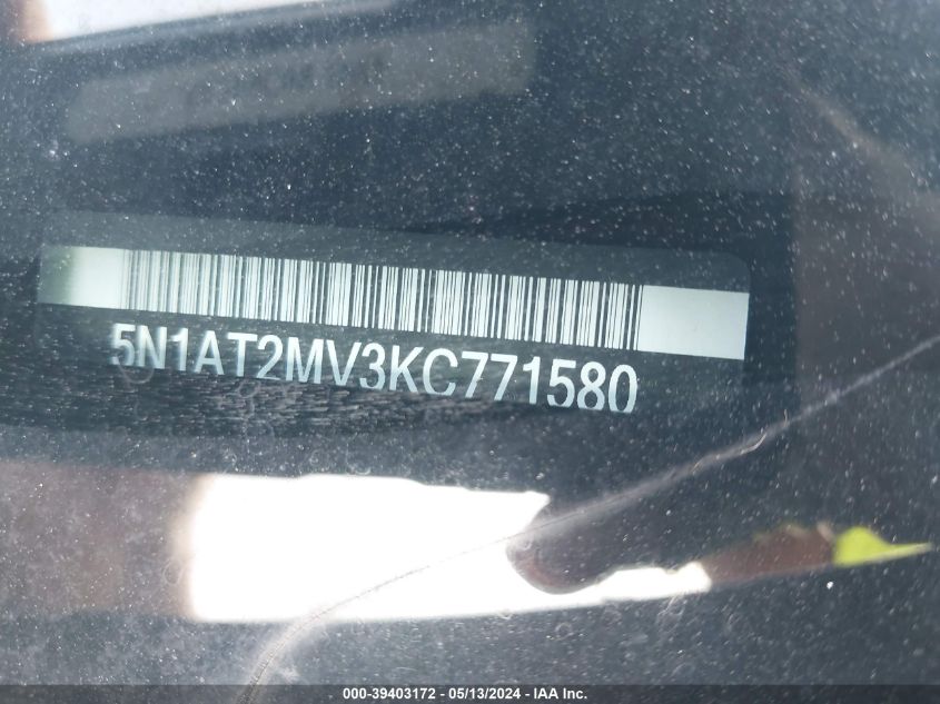 2019 Nissan Rogue Sv VIN: 5N1AT2MV3KC771580 Lot: 39403172