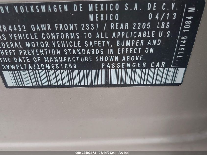 2013 Volkswagen Jetta Sportwagen 2.0L Tdi VIN: 3VWPL7AJ2DM681669 Lot: 39403173