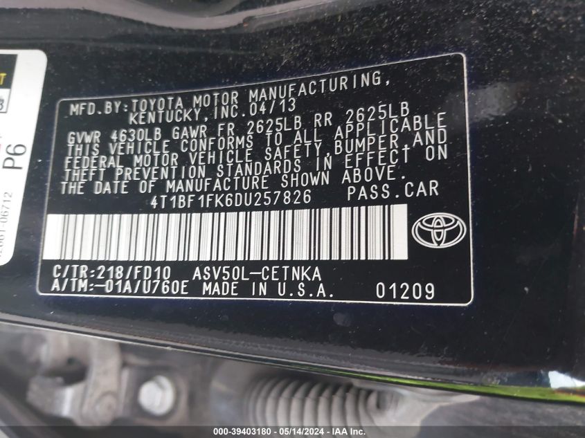 2013 Toyota Camry Le VIN: 4T1BF1FK6DU257826 Lot: 39403180