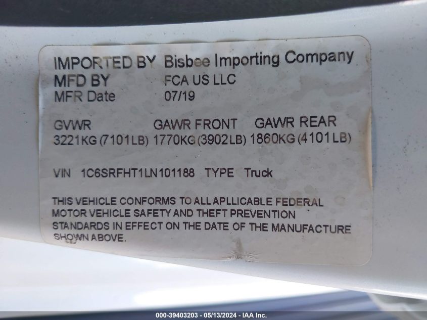 2020 Ram 1500 Limited VIN: 1C6SRFHT1LN101188 Lot: 39403203