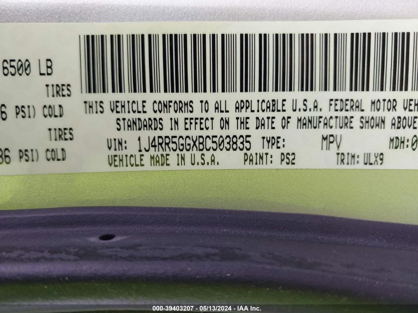2011 Jeep Grand Cherokee Limited VIN: 1J4RR5GGXBC503835 Lot: 39403207