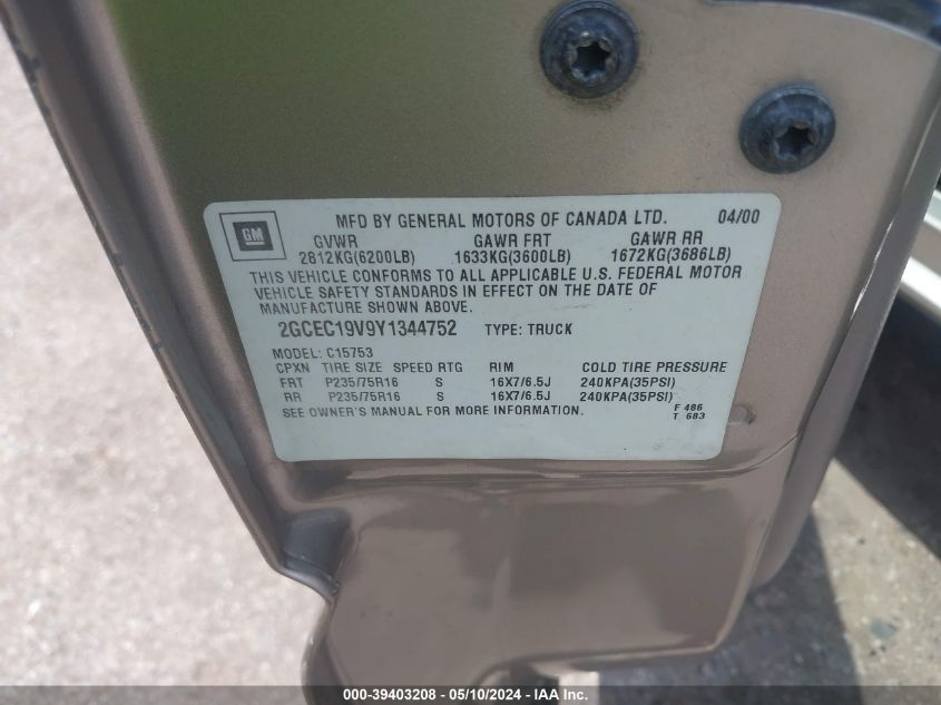 2000 Chevrolet Silverado 1500 Ls VIN: 2GCEC19V9Y1344752 Lot: 39403208