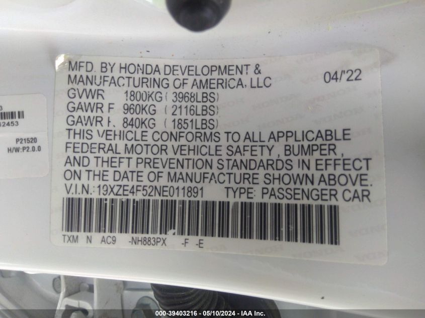 2022 HONDA INSIGHT EX - 19XZE4F52NE011891