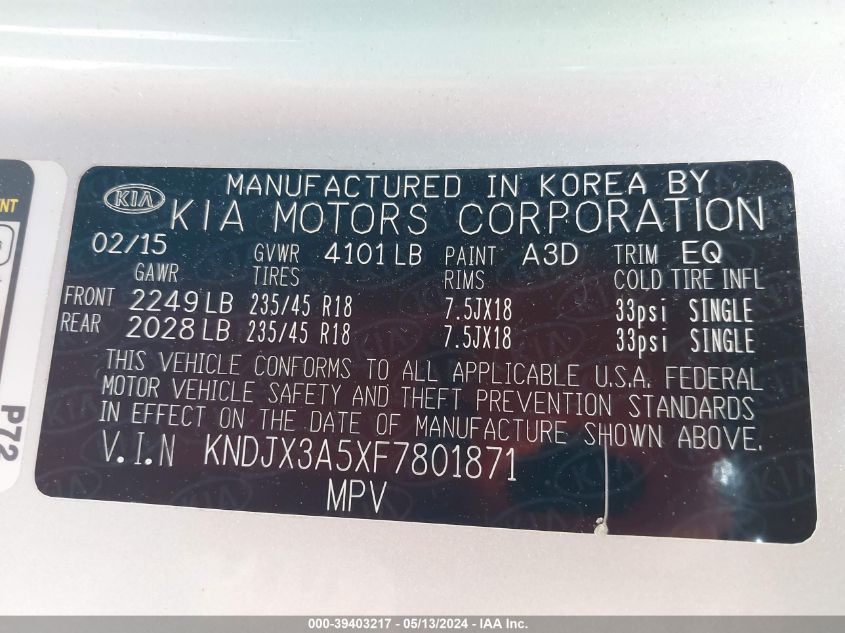 2015 Kia Soul ! VIN: KNDJX3A5XF7801871 Lot: 39403217