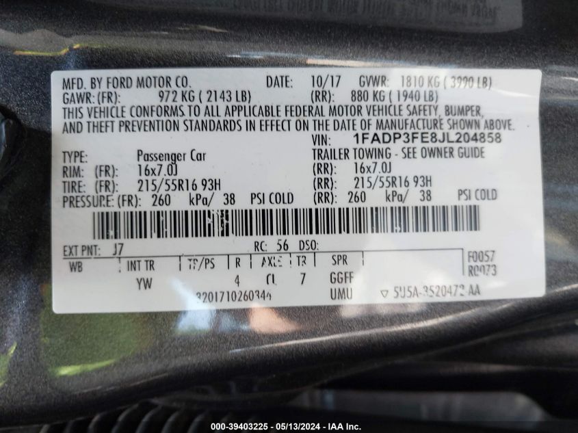 1FADP3FE8JL204858 2018 Ford Focus Se