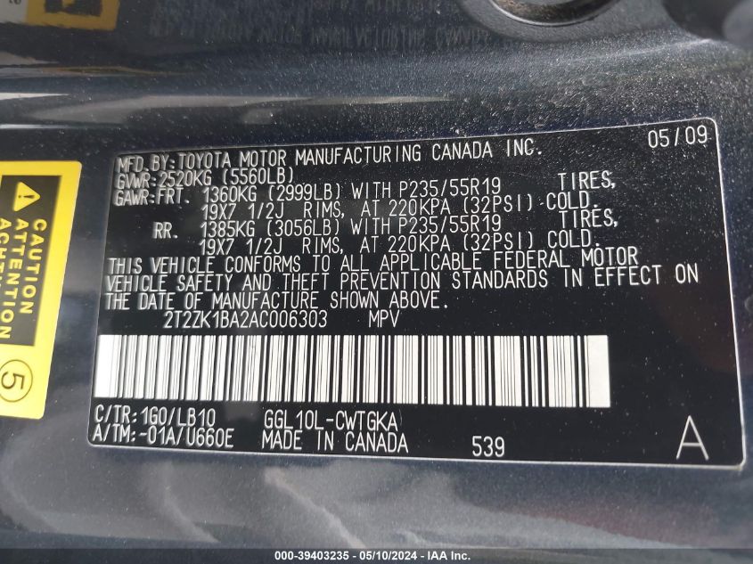 2010 Lexus Rx 350 VIN: 2T2ZK1BA2AC006303 Lot: 39403235