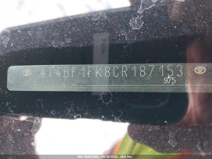 2012 Toyota Camry Xle VIN: 4T4BF1FK8CR187153 Lot: 39403246