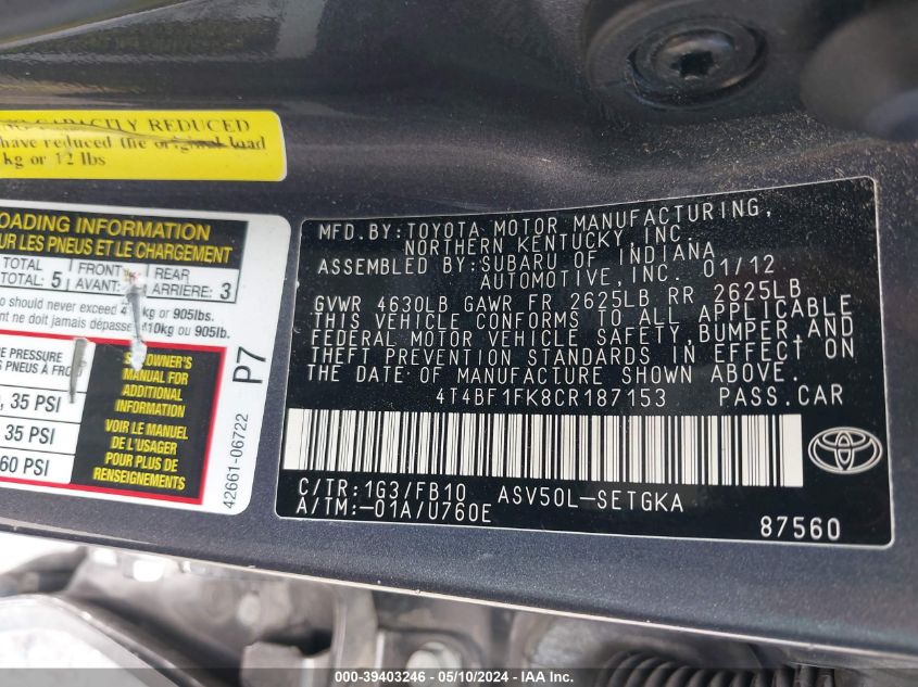 2012 Toyota Camry Xle VIN: 4T4BF1FK8CR187153 Lot: 39403246