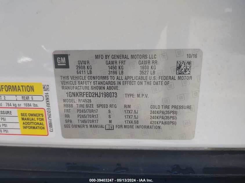 2017 Chevrolet Traverse Ls VIN: 1GNKRFED2HJ198073 Lot: 39403247