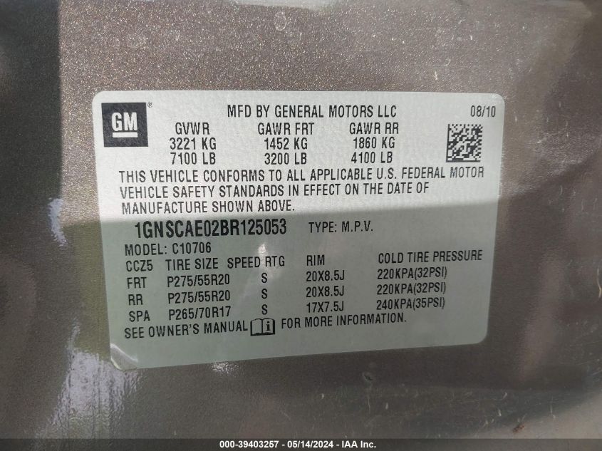 2011 Chevrolet Tahoe C1500 Ls VIN: 1GNSCAE02BR125053 Lot: 39403257