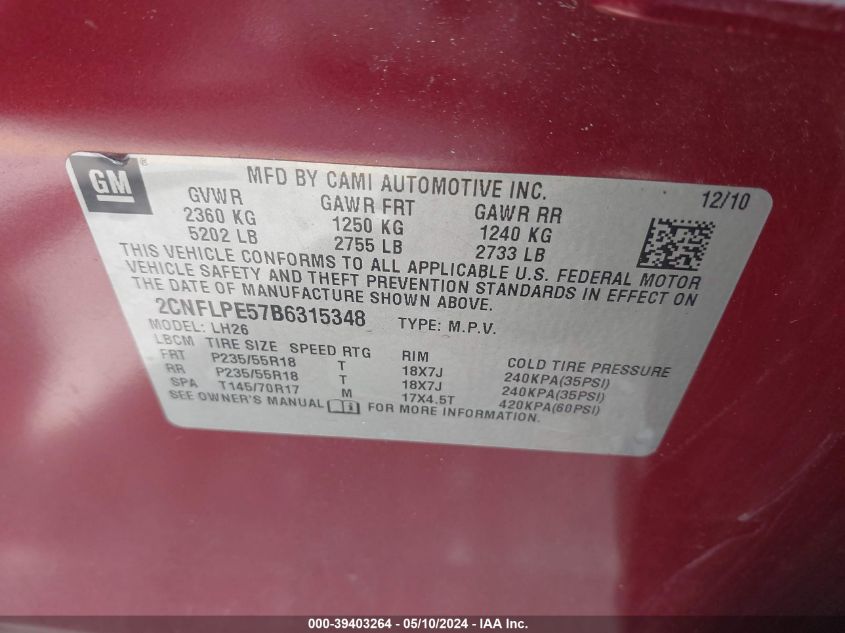 2011 Chevrolet Equinox 2Lt VIN: 2CNFLPE57B6315348 Lot: 39403264