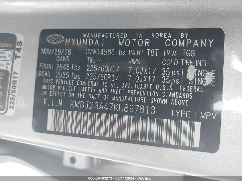 2019 Hyundai Tucson Se VIN: KM8J23A47KU897813 Lot: 39403273