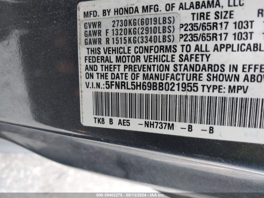 2011 Honda Odyssey Ex-L VIN: 5FNRL5H69BB021955 Lot: 39403275