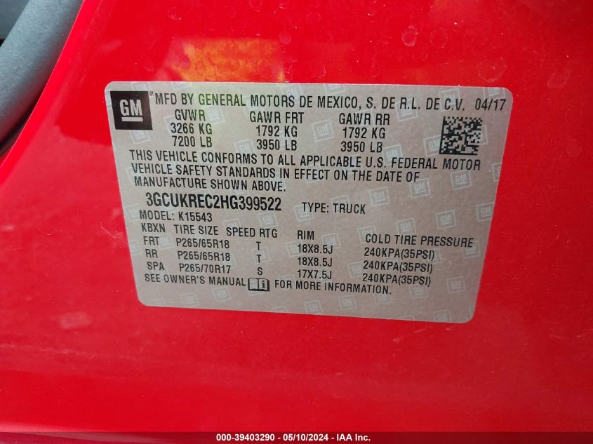 2017 Chevrolet Silverado 1500 2Lt VIN: 3GCUKREC2HG399522 Lot: 39403290
