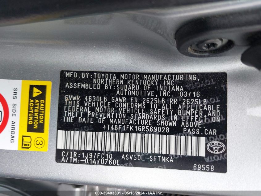 2016 Toyota Camry Le VIN: 4T4BF1FK1GR569028 Lot: 39403301