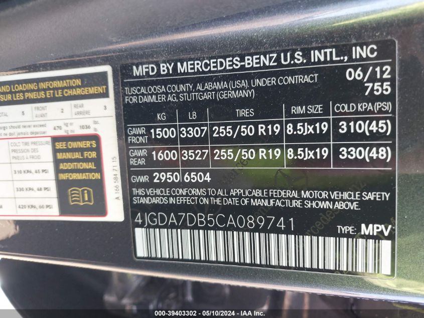 4JGDA7DB5CA089741 2012 Mercedes-Benz Ml 550 4Matic