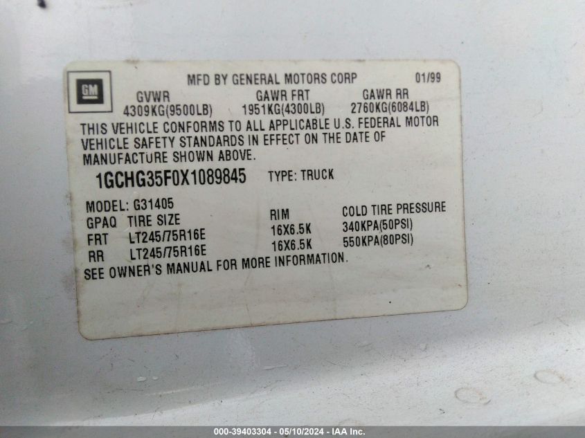 1999 Chevrolet Express VIN: 1GCHG35F0X1089845 Lot: 39403304