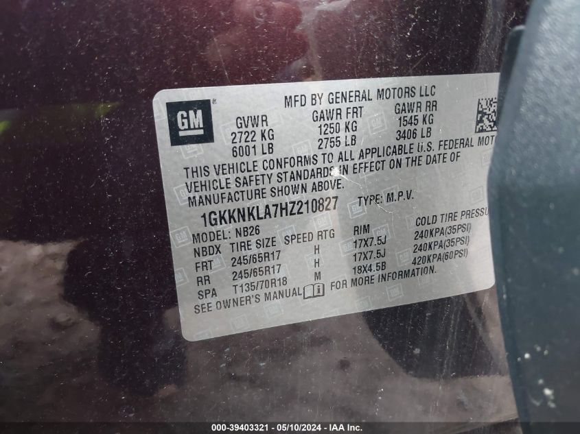 2017 GMC Acadia Sle-1 VIN: 1GKKNKLA7HZ210827 Lot: 39403321