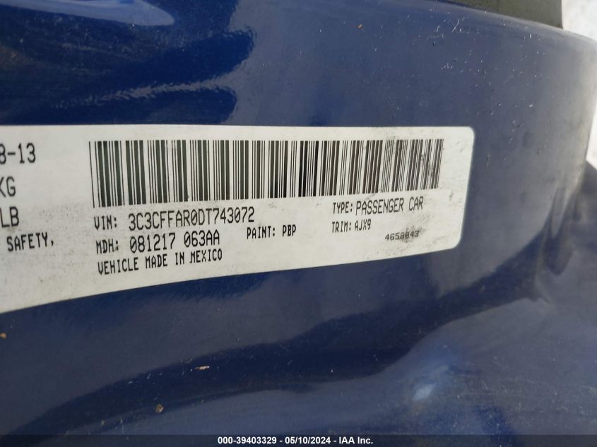 2013 Fiat 500 Pop VIN: 3C3CFFARODT743072 Lot: 39403329