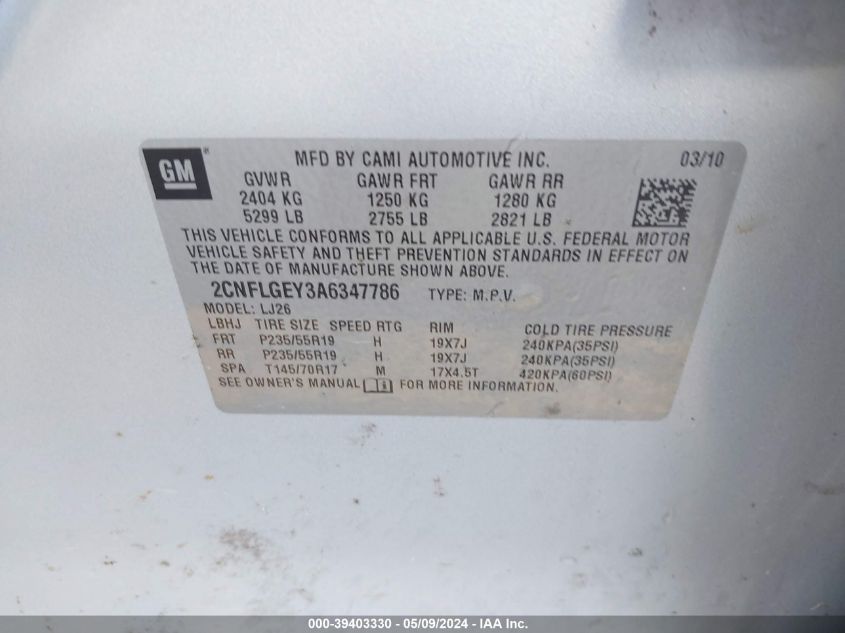 2010 Chevrolet Equinox Ltz VIN: 2CNFLGEY3A6347786 Lot: 39403330