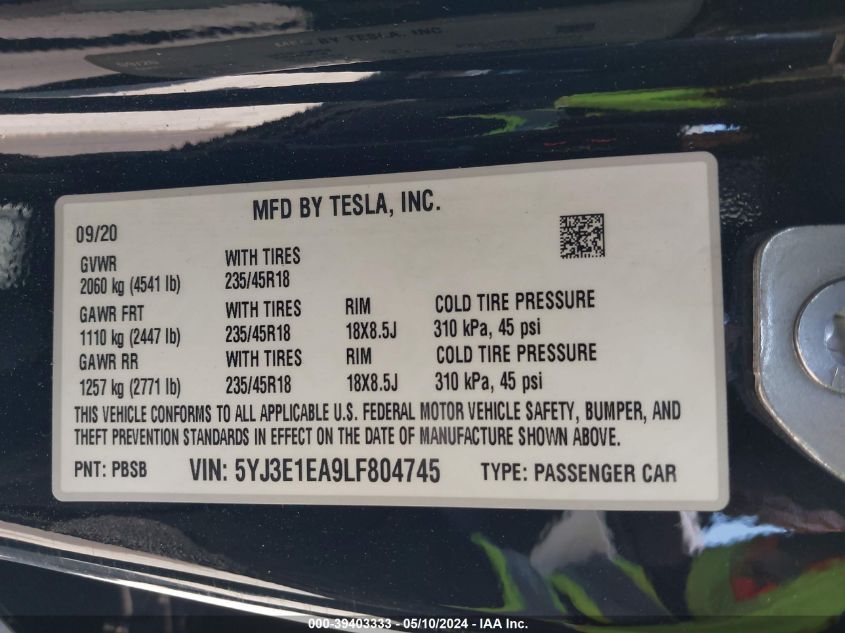 2020 Tesla Model 3 Standard Range Plus Rear-Wheel Drive/Standard Range Rear-Wheel Drive VIN: 5YJ3E1EA9LF804745 Lot: 39403333