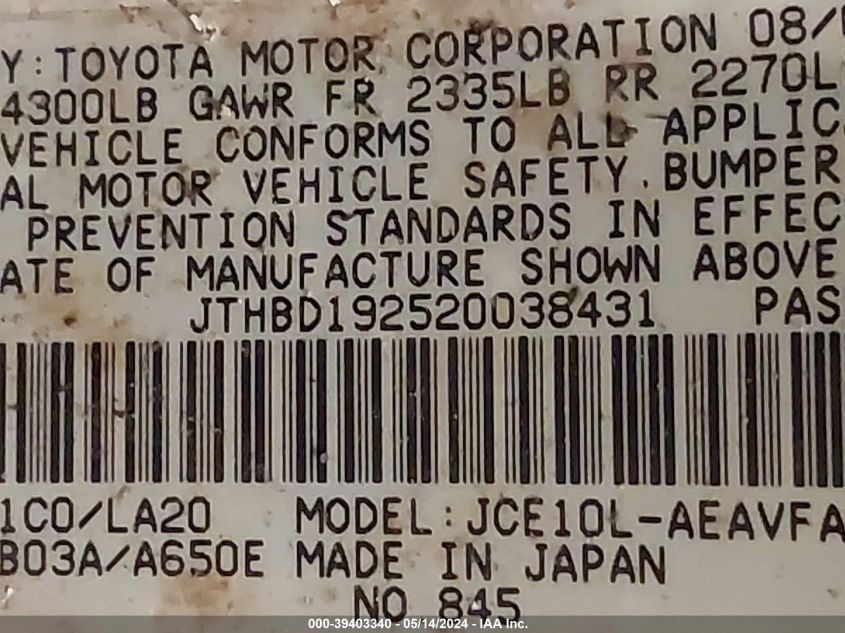 2002 Lexus Is 300 VIN: JTHBD192520038431 Lot: 39403340