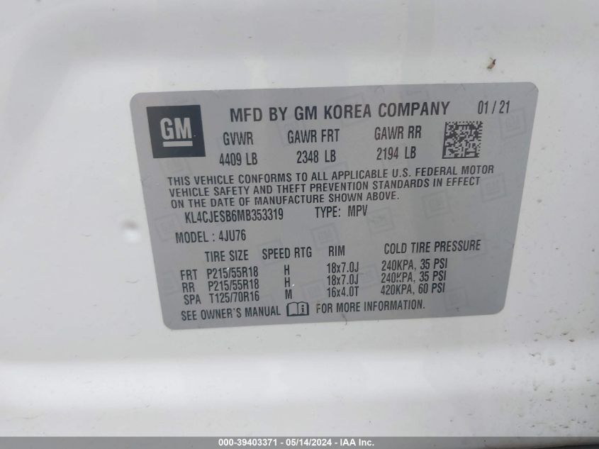 2021 Buick Encore Preferred VIN: KL4CJESB6MB353319 Lot: 39403371