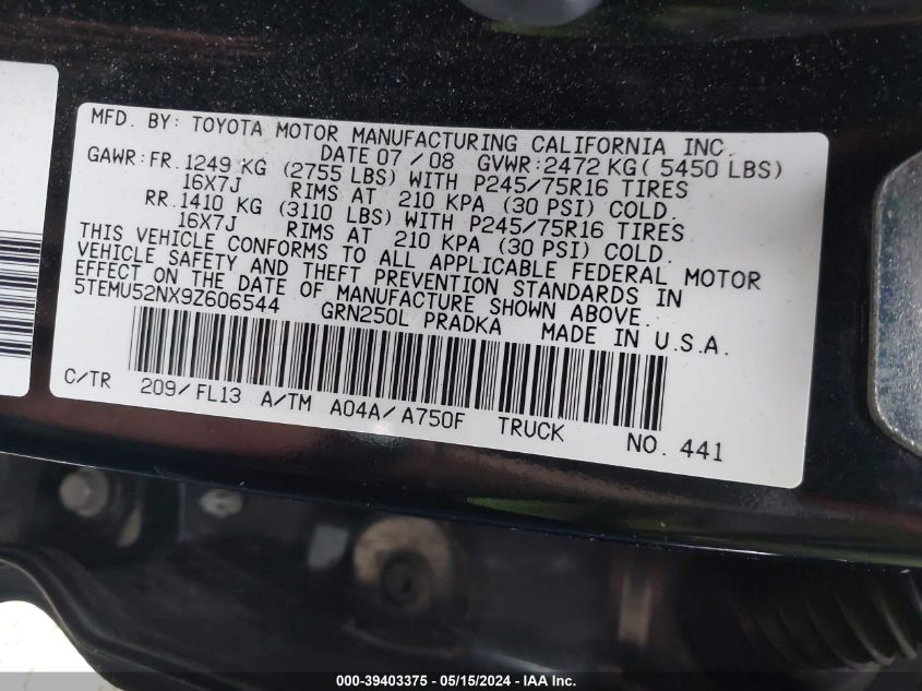 2009 Toyota Tacoma Base V6 VIN: 5TEMU52NX9Z606544 Lot: 39403375
