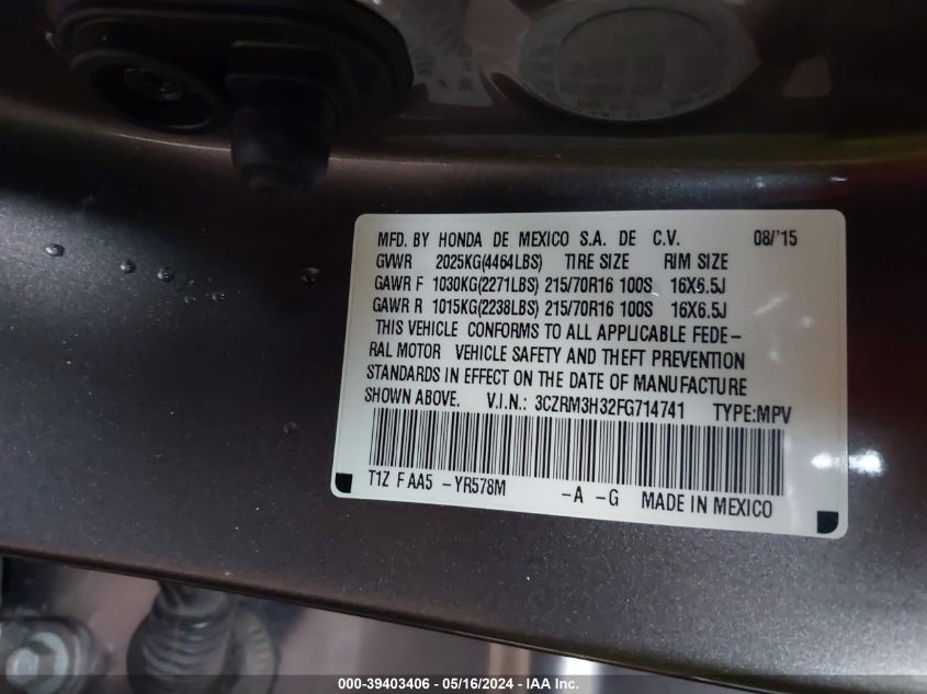 2015 Honda Cr-V Lx VIN: 3CZRM3H32FG714741 Lot: 39403406