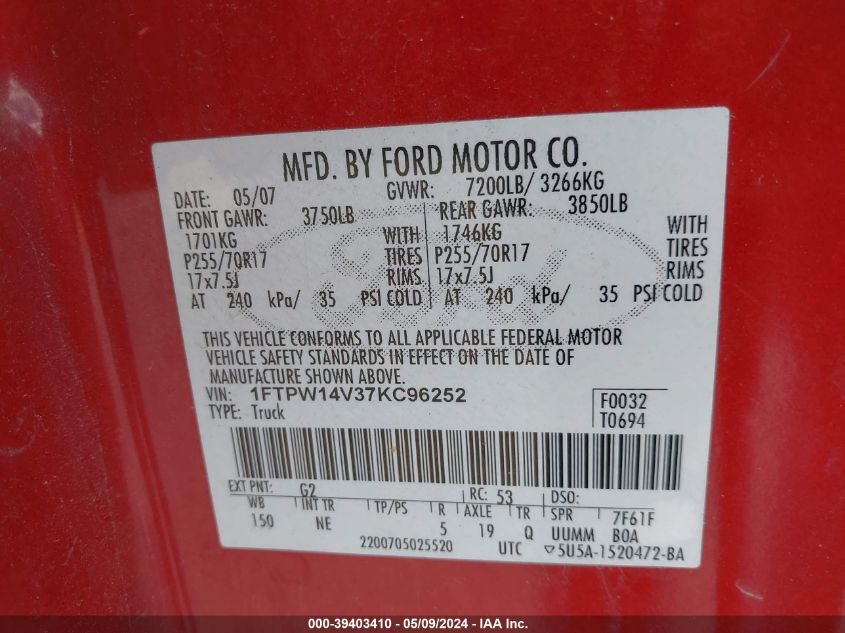 2007 Ford F-150 VIN: 1FTPW14V37KC96252 Lot: 39403410