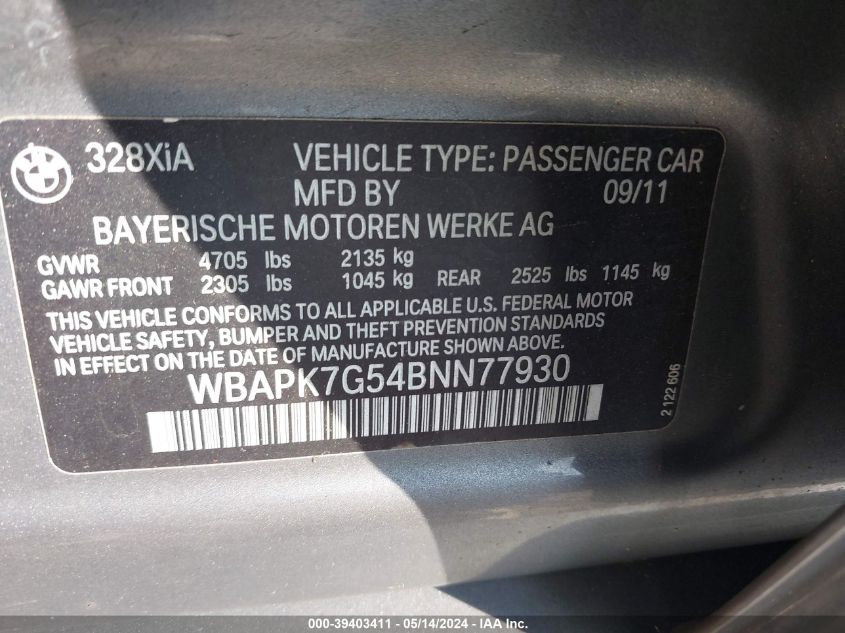 2011 BMW 328I xDrive VIN: WBAPK7G54BNN77930 Lot: 39403411