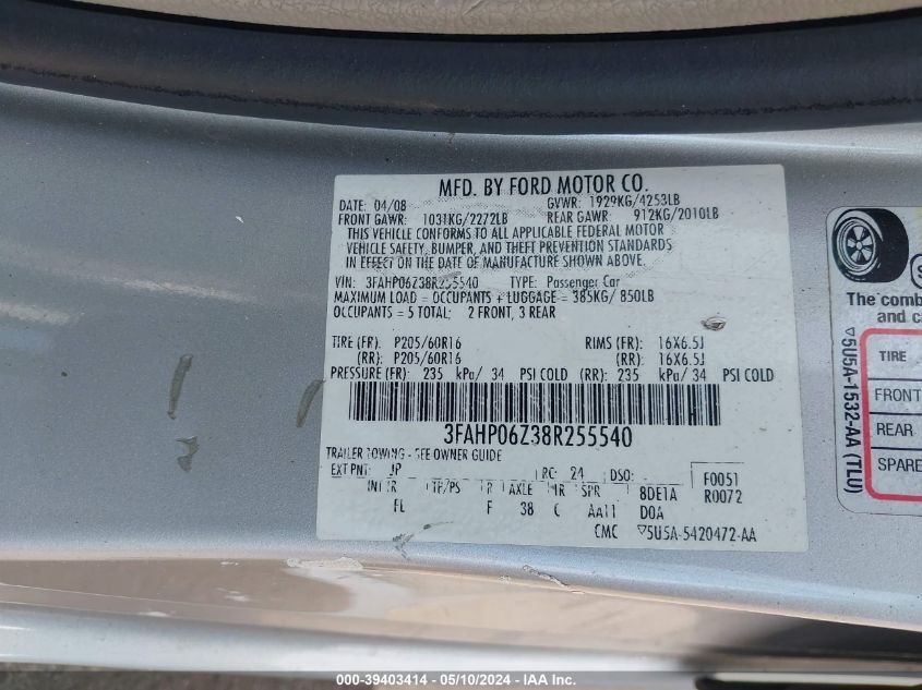 2008 Ford Fusion S VIN: 3FAHP06Z38R255540 Lot: 39403414