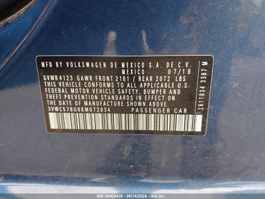 2019 Volkswagen Jetta 1.4T R-Line/1.4T S/1.4T Se VIN: 3VWC57BU8KM072634 Lot: 39403426