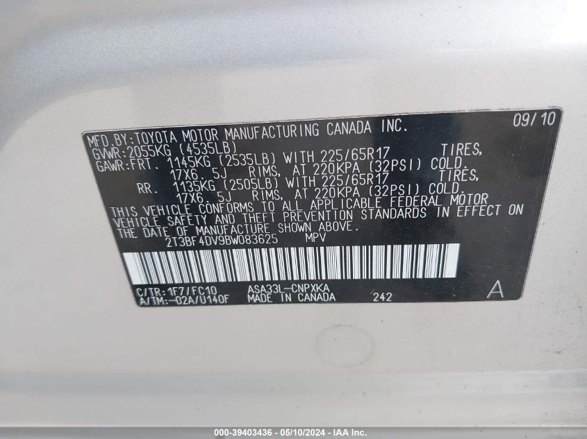 2011 Toyota Rav4 VIN: 2T3BF4DV9BW083625 Lot: 39403436