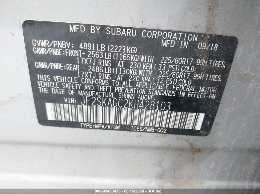 2019 Subaru Forester Premium VIN: JF2SKAGC2KH428103 Lot: 39403435
