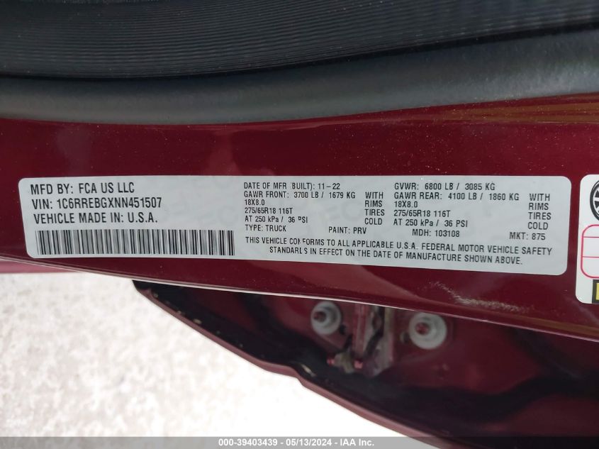 2022 Ram 1500 Big Horn/Lone Star VIN: 1C6RREBGXNN451507 Lot: 39403439