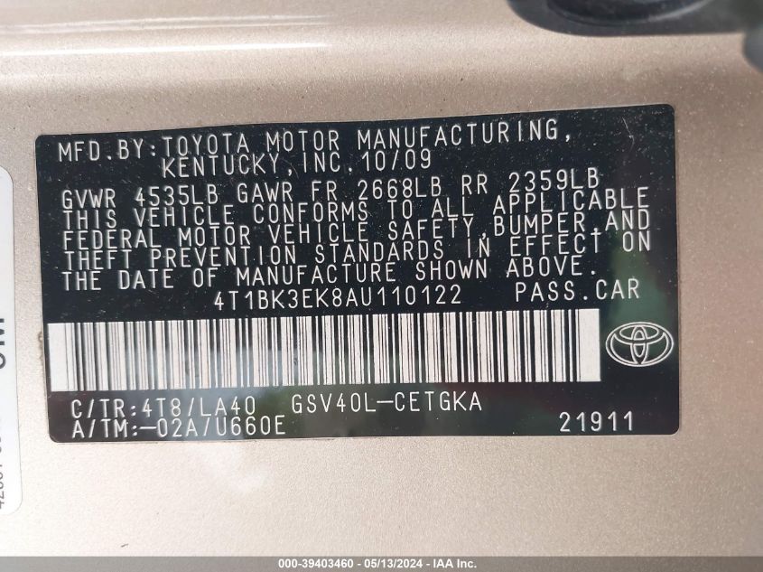 2010 Toyota Camry Xle V6 VIN: 4T1BK3EK8AU110122 Lot: 39403460