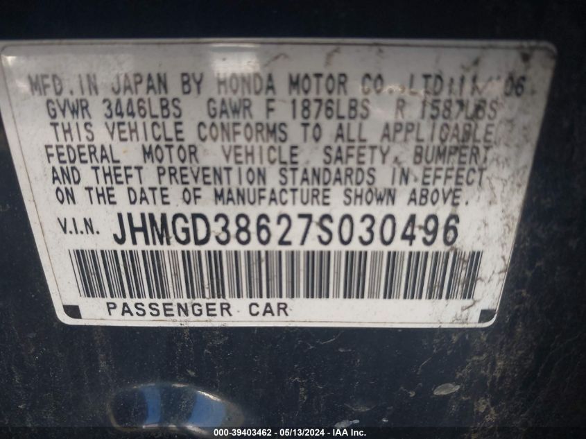2007 Honda Fit Sport VIN: JHMGD38627S030496 Lot: 39403462