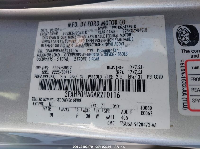 2010 Ford Fusion Se VIN: 3FAHP0HA0AR210116 Lot: 39403470