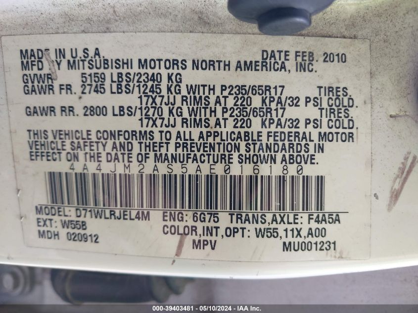 2010 Mitsubishi Endeavor Ls VIN: 4A4JM2AS5AE016180 Lot: 39403481