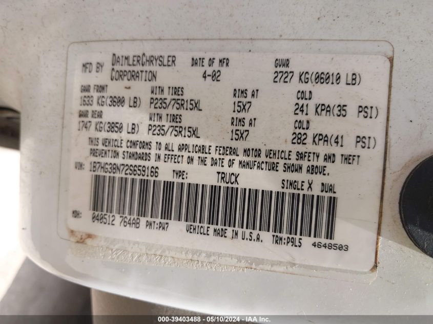 2002 Dodge Dakota Sport VIN: 1B7HG38N72S659166 Lot: 39403488