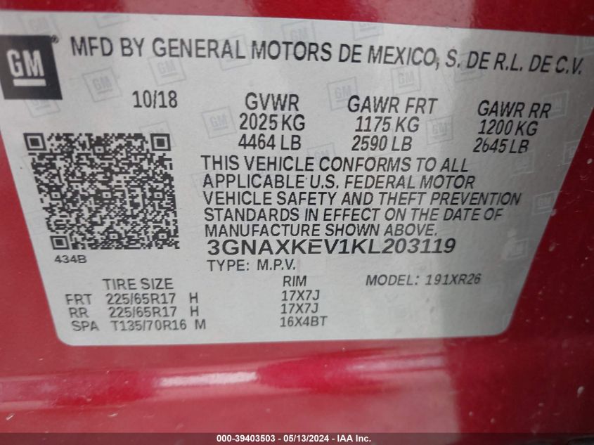 2019 Chevrolet Equinox Lt VIN: 3GNAXKEV1KL203119 Lot: 39403503