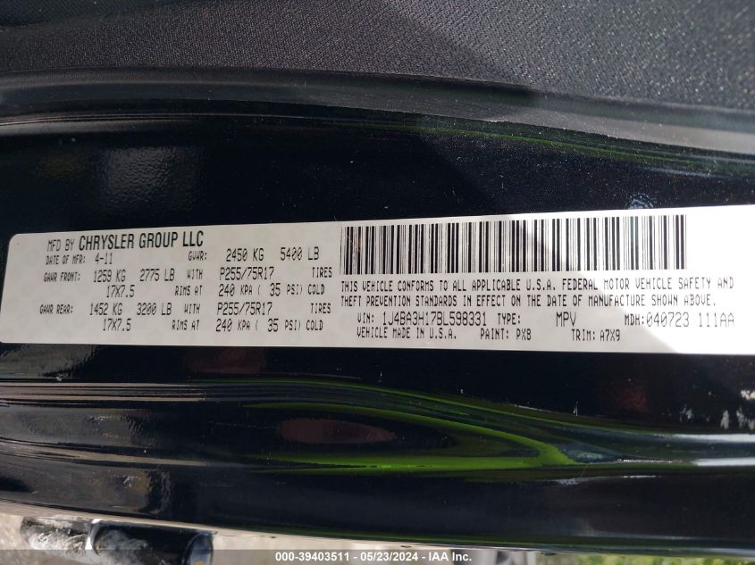 2011 Jeep Wrangler Unlimited Sport VIN: 1J4BA3H17BL598331 Lot: 39403511