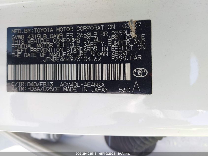 2007 Toyota Camry Le VIN: JTNBE46K973104162 Lot: 39403516