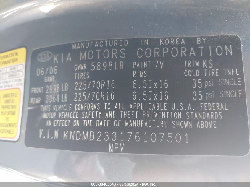 2007 Kia Sedona Lx VIN: KNDMB233176107501 Lot: 39403543