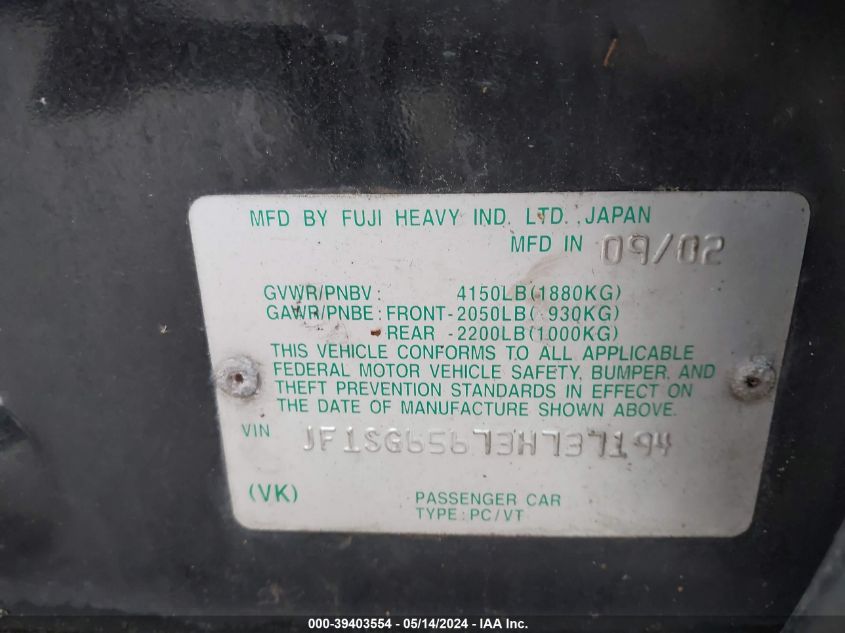 2003 Subaru Forester Xs VIN: JF1SG65673H737194 Lot: 39403554