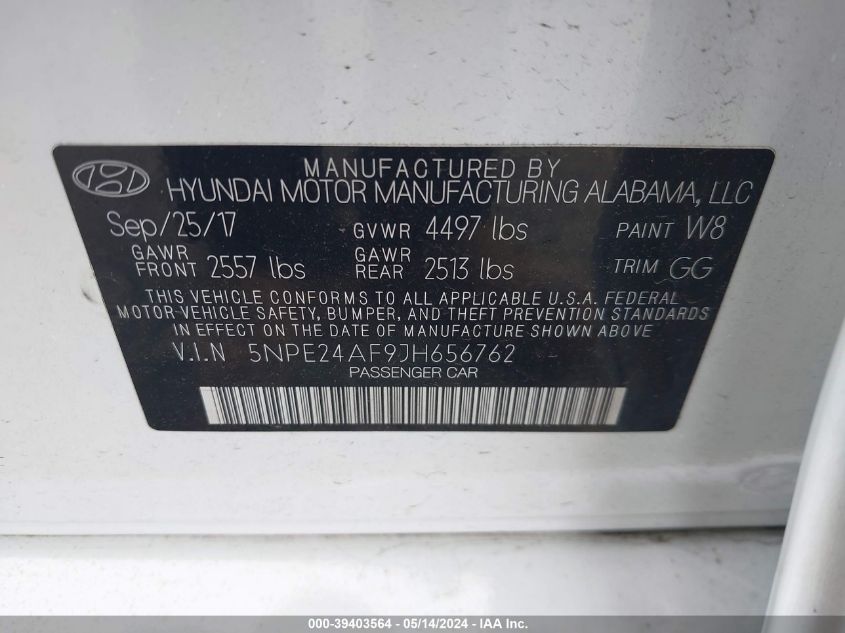 2018 Hyundai Sonata Se VIN: 5NPE24AF9JH656762 Lot: 39403564