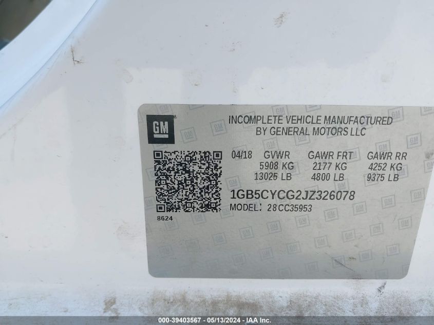 2018 Chevrolet Silverado 3500Hd Wt VIN: 1GB5CYCG2JZ326078 Lot: 39403567