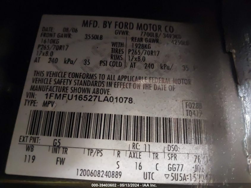 2007 Ford Expedition Xlt VIN: 1FMFU16527LA01078 Lot: 39403602